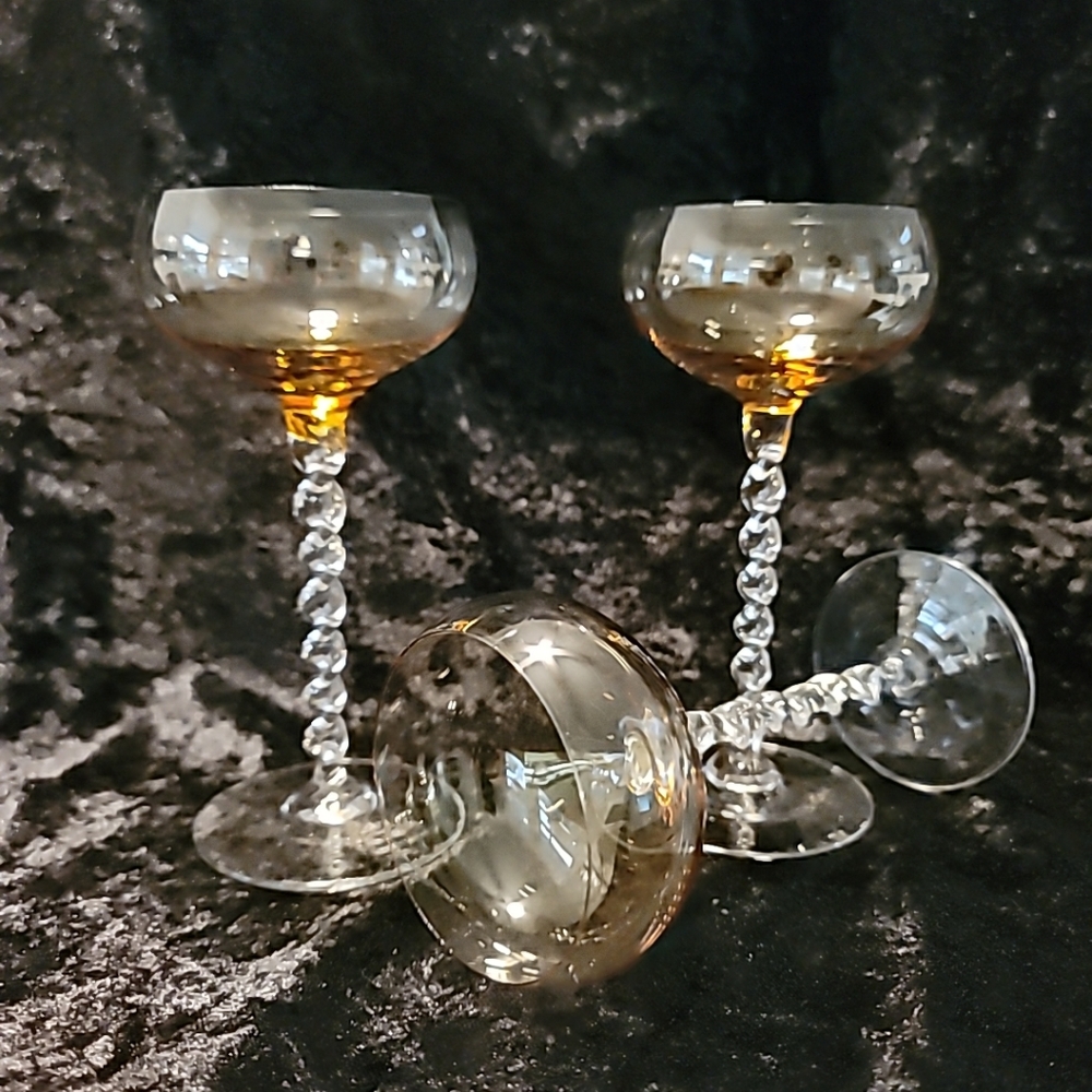 Vtg Amber Blown Glass Champagne Glasses (3) Twisted Stem 6" tall